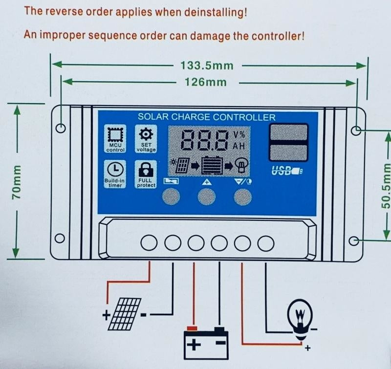 Zonnepaneel laad regelaar  12-24V Solar charge controller 10A 2