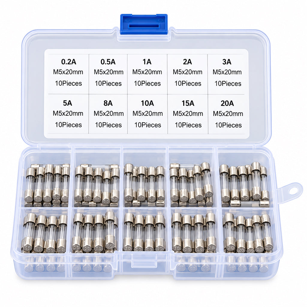Assortiment glaszekeringen 5x20 in kunststof box (set)