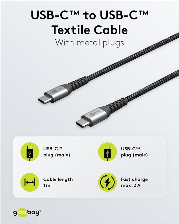 USB-C™ naar USB-C™ textielkabel met metalen pluggen (spacegrijs/zilver), 1 m